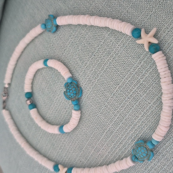 SHELL RINGS & TURQUOISE BEADS NATURAL CHOKER with MATCHING BRACLET - Picture 8 of 8